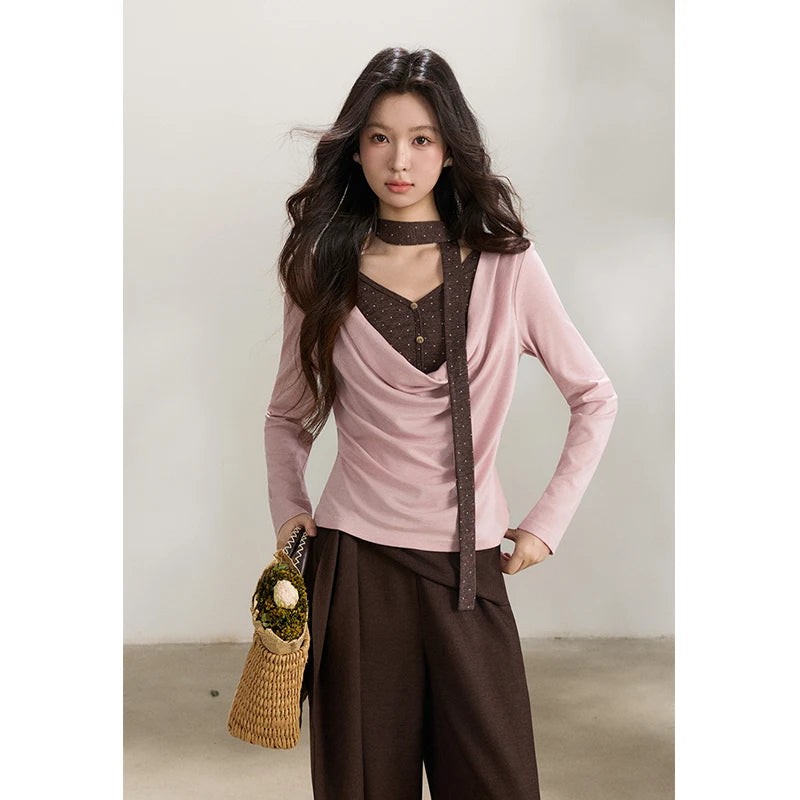 MISHOW Women's Wool Blend Fake Two Piece Draped Neck Knit Top 2026 Spring Wave Point Ribbon Contrast Color Casual Top MXF13Z2977