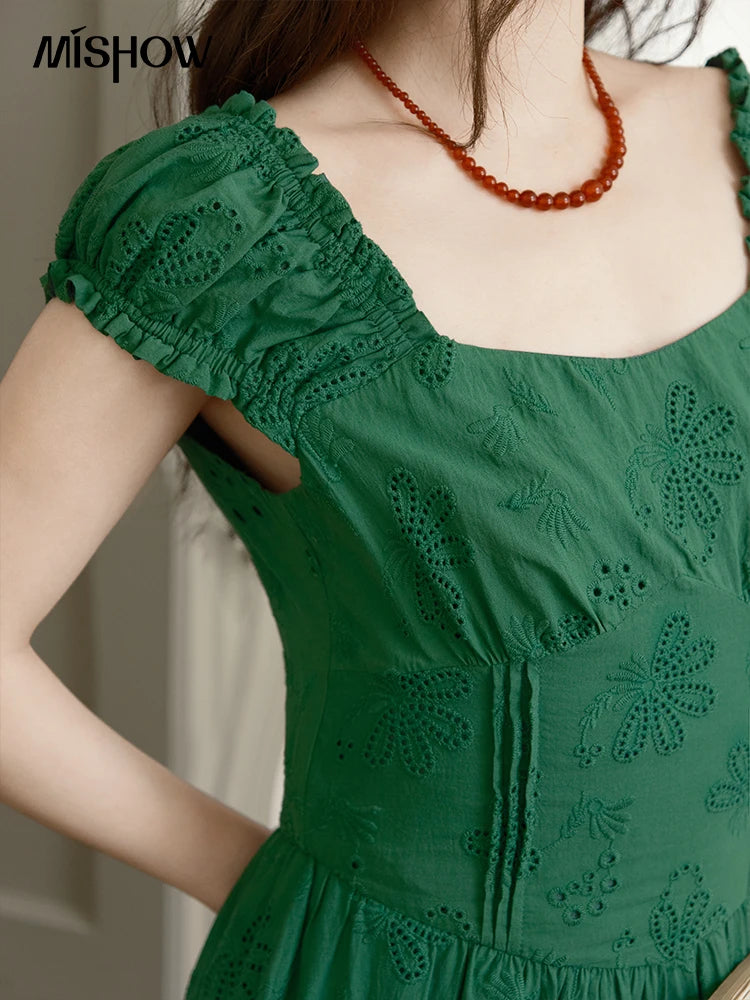 MISHOW Women's French Fashion Square Neck Dress 2025 Summer New Puff Sleeve Embroidery Midi Dresses Ladies Clothing MXE39L2325