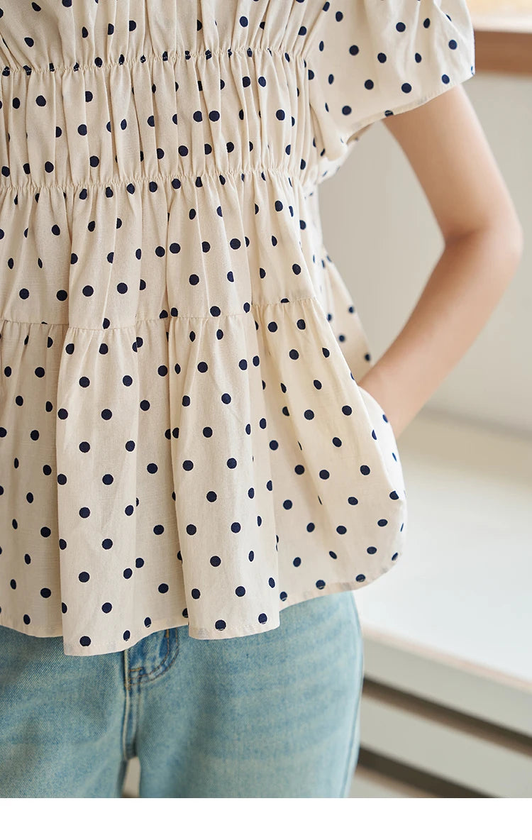 MISHOW Polka Dot Blouses for Women 2025 Summer French Flying Sleeve O Neck Elastic Folds Loose Retro Female Doll Top MXC39X1291