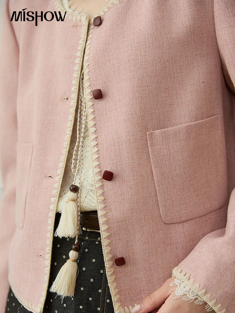 MISHOW Women's Solid Tweed Jacket 2025 Autumn Vintage Commute Round Neck Long Sleeved Short Jackets Woman Clothes MXE44W0812