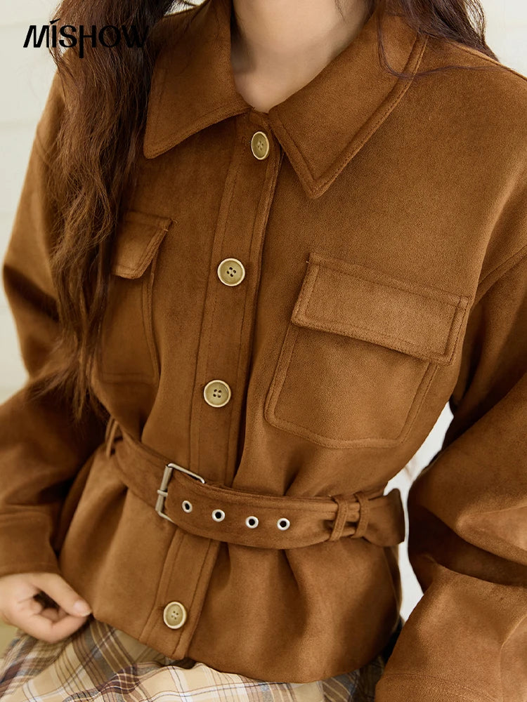 MISHOW Short Jacket for Women 2025 Autumn New Brown Lapel Metal Button Decorated Jacket Windproof Commuter Outerwear MXE46W0864