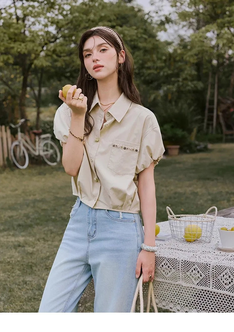 MISHOW Casual Summer Blouses Women 2025 New Short Puff Sleeve Turn Down Collar Shirt Female Fashion Shell Ribbon Tops MXE33C0773