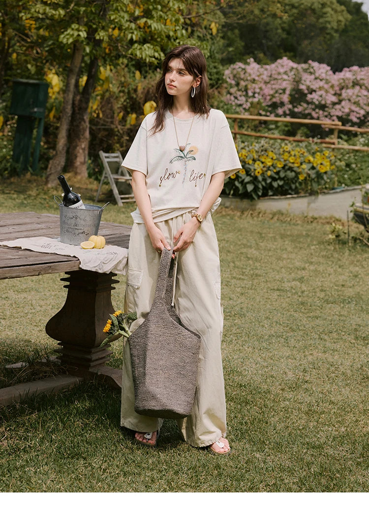 MISHOW Apricot Cargo Pants for Women in Summer 2025 Lace Patchwork Casual Pants Drawstring Elastic Waisted Trousers MXE33K0935