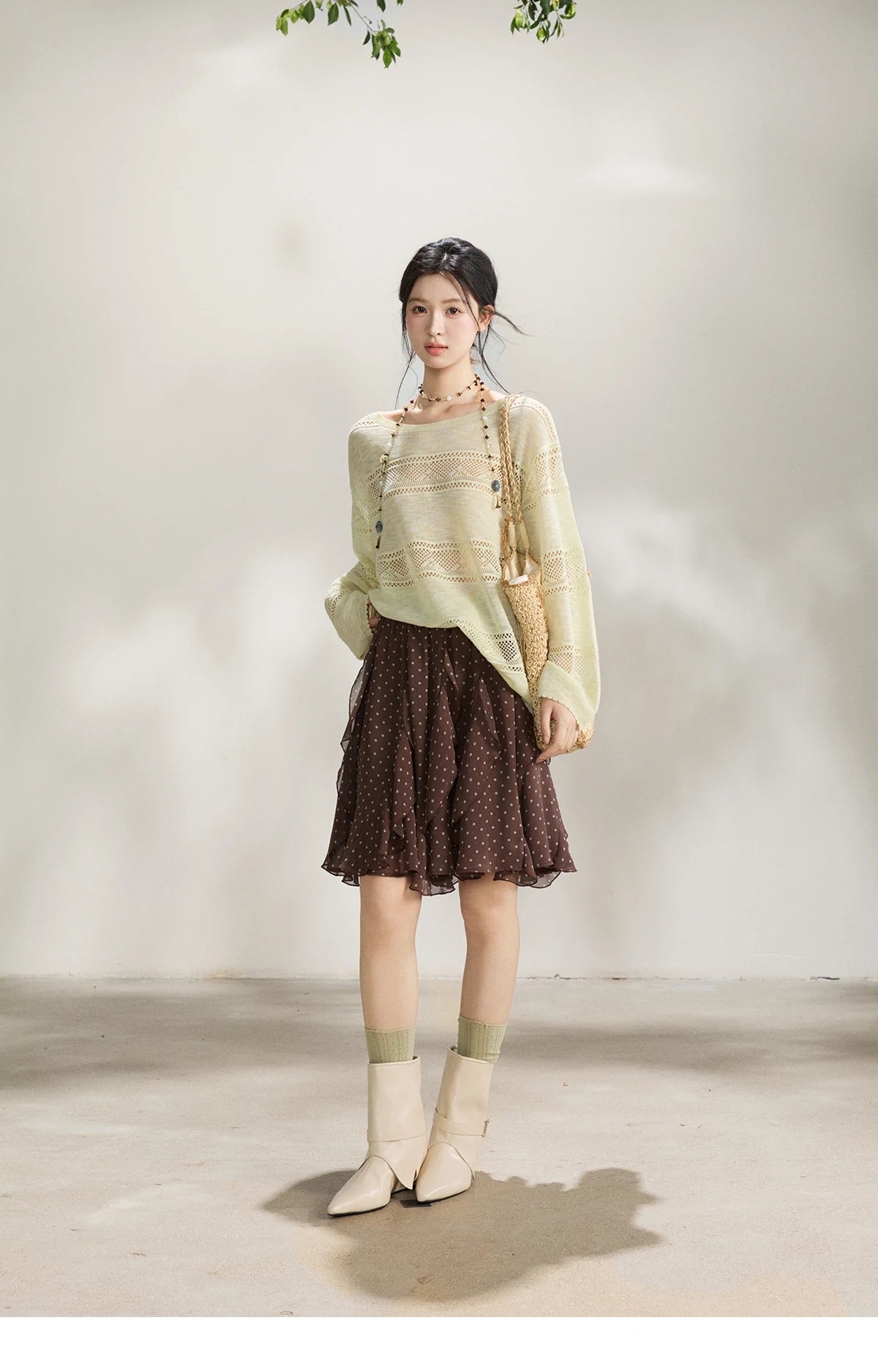 MISHOW Women's Brown Polka Dot Skirt Spring Irregular Ruffled Chiffon Elastic Waist Skirts Casual A-line Mini Skirt MXF13B2476