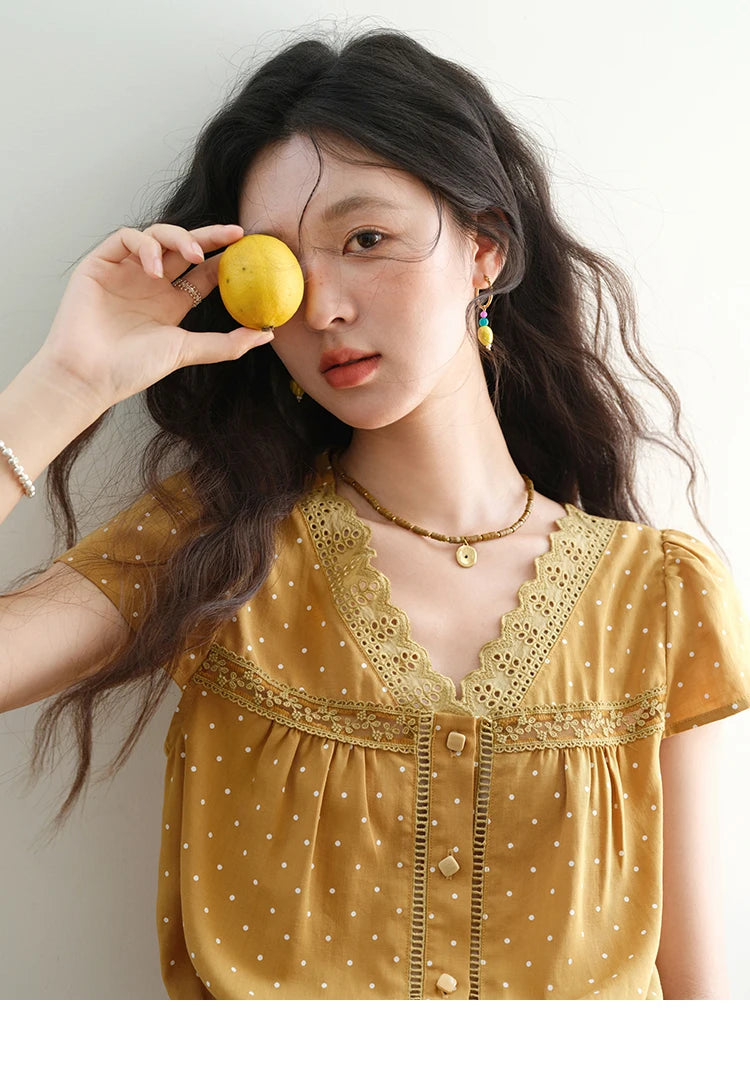 MISHOW Women's V-neck Lace Splicing Blouse 2025 Summer New Ladies Fashion Polka Dot Hollow Ruffle Button Female Top MXE38X1847