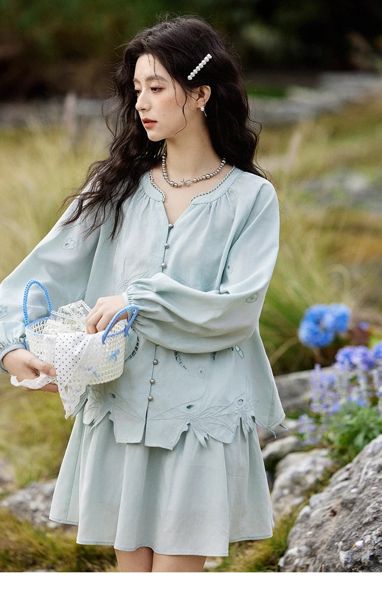 MISHOW Women's Sweet Blouses A-line Skirts Set Vintage Hollow Out Embroidery Loose Shirt Solid Skirt Two-piece Set MXE12T0455