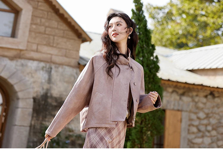 MISHOW Sweet Cool Blended Pink Purple Leather Coat Spring 2025 Stand Collar Motorcycle Style Jackets PU Leather Coats MXE13W0707