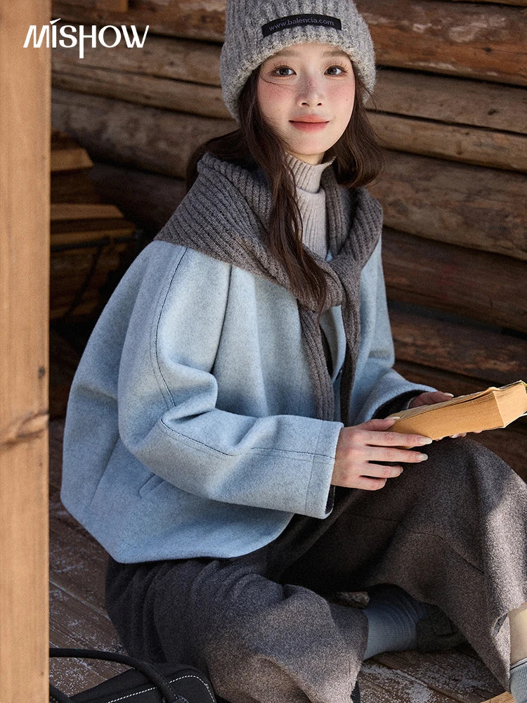 MISHOW Woman Blue Wool Coat with Shawl 2025 Winter Elegant Fashion Crew Neck Single-breasted Short Loose Thick Coat MXE87W0943