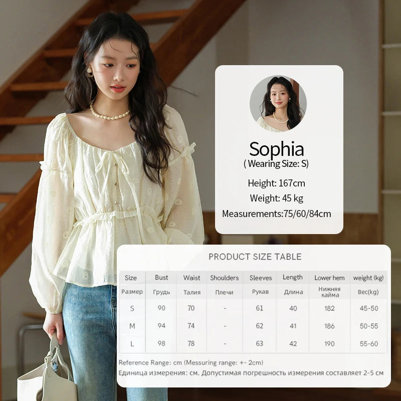 MISHOW Women's Fashion Cashew Flower Embroidered Blouse 2025 Autumn V-neck Lace Up Puff Sleeve Ladies Elegant Top MXE41X1945