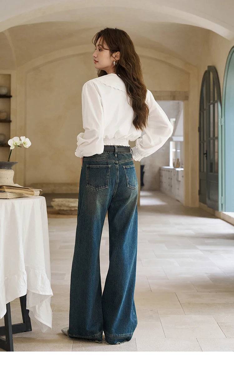 MISHOW American Retro Wide Leg Jeans Spring High Waist Slim Cotton Elastic Denim Straight Trouser Hem Tassels Pants MXD12K0538