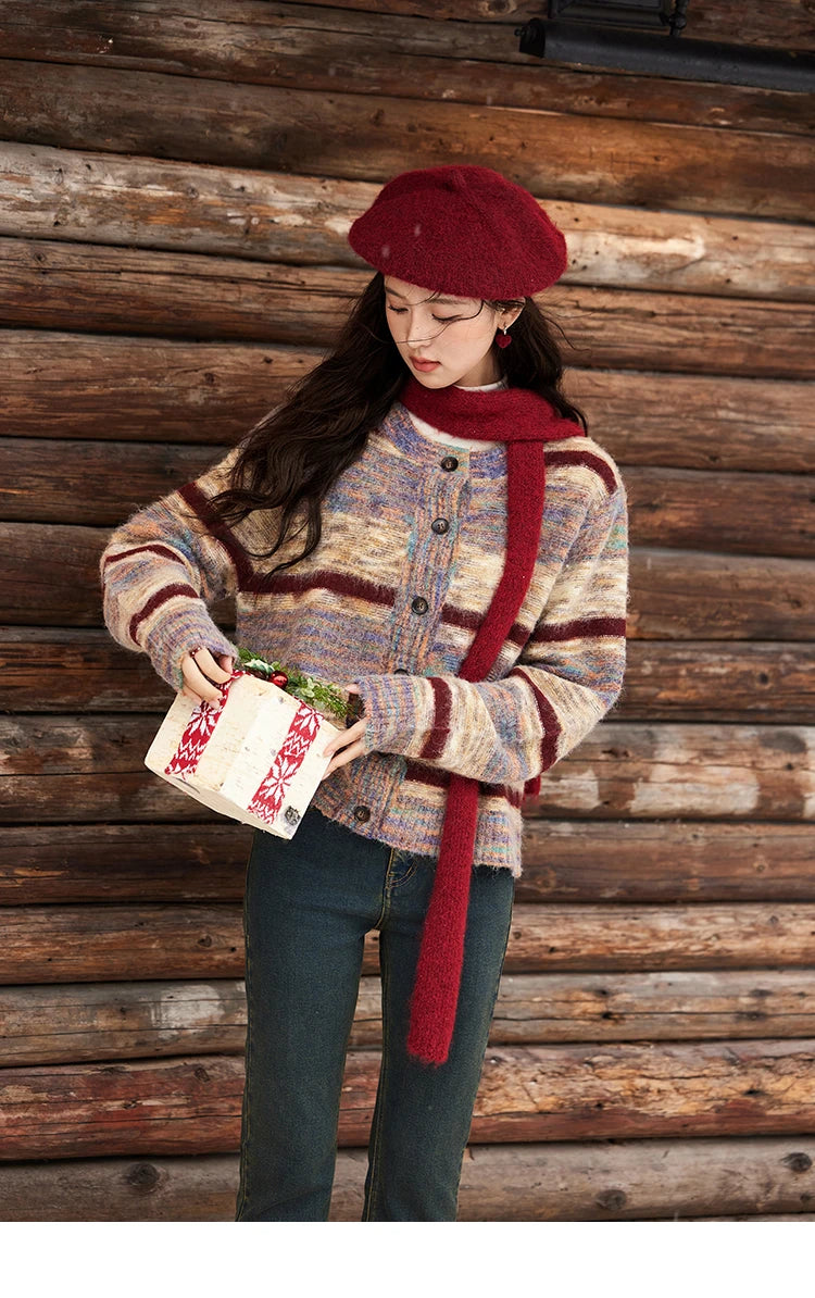 MISHOW Striped Sweaters Short Contrast Color Loose Casual O-Neck Single Breasted Tops Soft Warm Knitted Cardigans MXD59Z1061