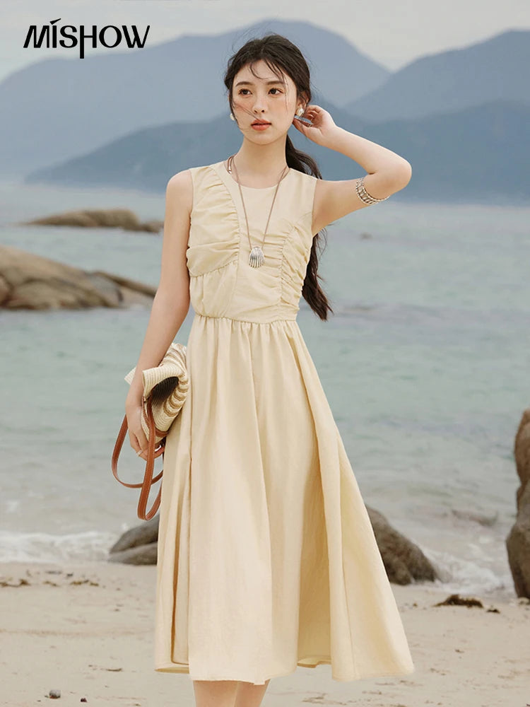 MISHOW Office Lady Summer Dress Women 2025 New Round Neck Sleeveless Solid with Belt Dresses Female Fashion Slimming MXE31L2188