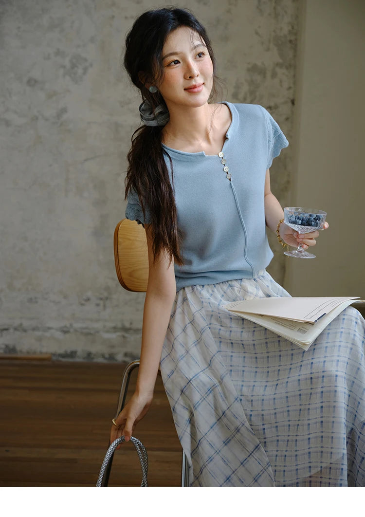 MISHOW Sheep Wool Knitted T-shirt for Women 2025 Summer New Button O-Neck Short Sleeve Blue Top Female Clothing MXE34Z1262