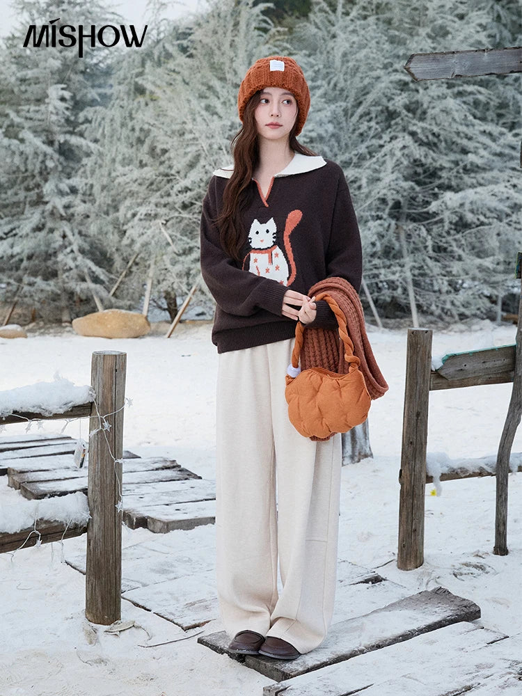 MISHOW Women's Retro Arctic Fleece Cat Sweater 2025 Autumn Winter Color Block Lapel 3D Jacquard Thick Knitted Top MXE90Z2835