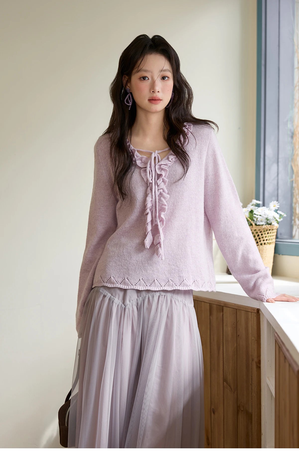 MISHOW Women Long Sleeve Tees 2025 Autumn New V-neck Wood Ear Hollow Out Knitted Sweater Women's Beige Wool Top MXE51Z2595