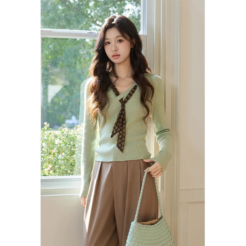 MISHOW Women's V Neck Tie Neck Floral Ribbed Knit Tops 2026 Spring Long Sleeve Slim Casual Soft Green Thin Sweater MXF108Z1024