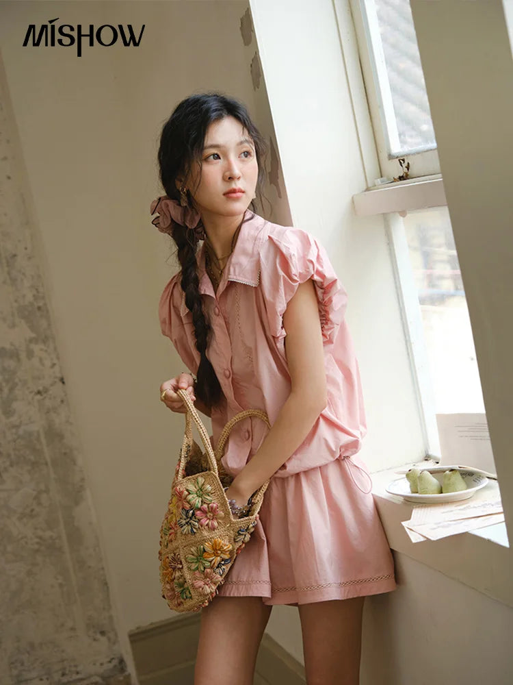 MISHOW 2 Pieces Set for Woman 2025 Summer New Loose Sweet Short Sleeve Button Shirt Casual Shorts Set Ladies Clothing MXE34T0591