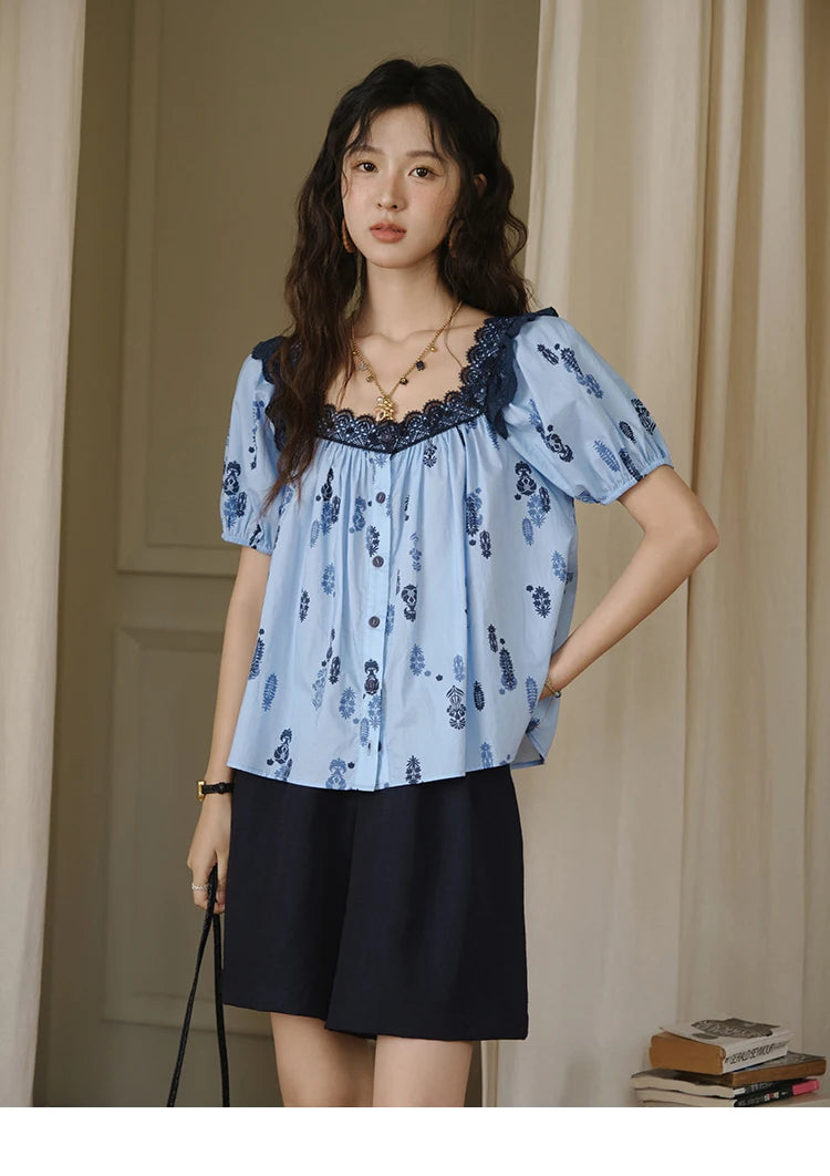 MISHOW Fashion Print Cotton Shirt for Women 2025 Summer New Puff Sleeve Lace Splicing Retro Blue Casual Button Top MXE35X1842