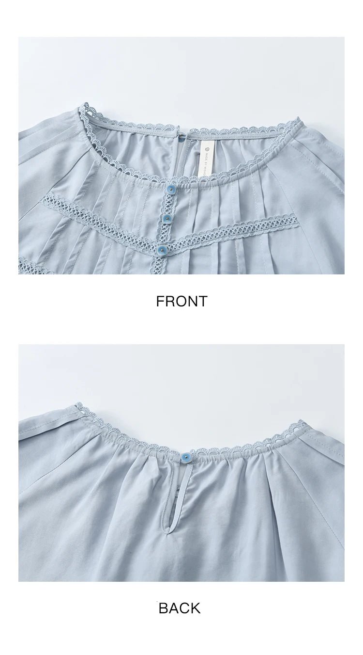 MISHOW Blue Lace Patchwork Shirt for Women 2025 Spring Sleeve Lace-up Hem Wave Edge Top Lantern Sleeve Loose Shirt MXE14X1716