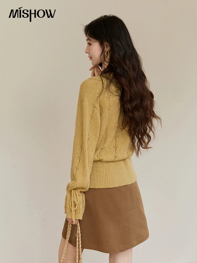 MISHOW Women's Yellow Knitted Cardigan 2026 Spring Hollow Out V-Neck Drawstring Waist Long Sleeve Casual Loose Tops MXF108Z1022