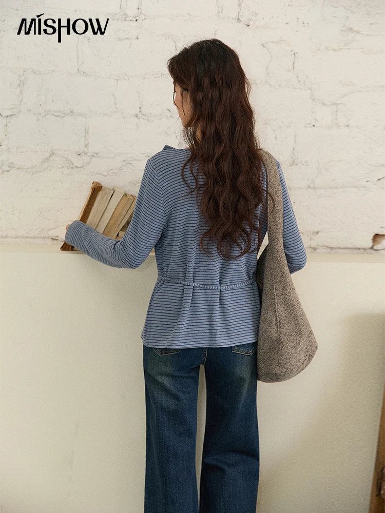 Mishow Retro Crew Neck Tie-Up Striped Top MXE87Z2700