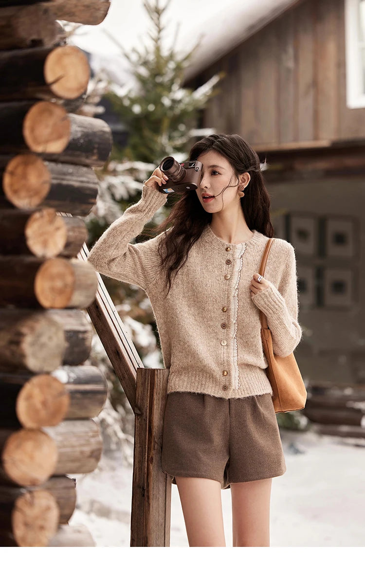 MISHOW Spliced Lace Knitted Cardigan O-Neck Sweaters Women Button Design Temperament Long Sleeved Tops Office Lady MXD58Z0998