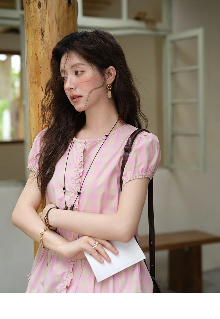 MISHOW Women's Puff Sleeve Plaid Button Shirt 2025 Summer New Fashion O-Neck Wood Ear Casual Shirt Cotton Pink Top MXE39X1932