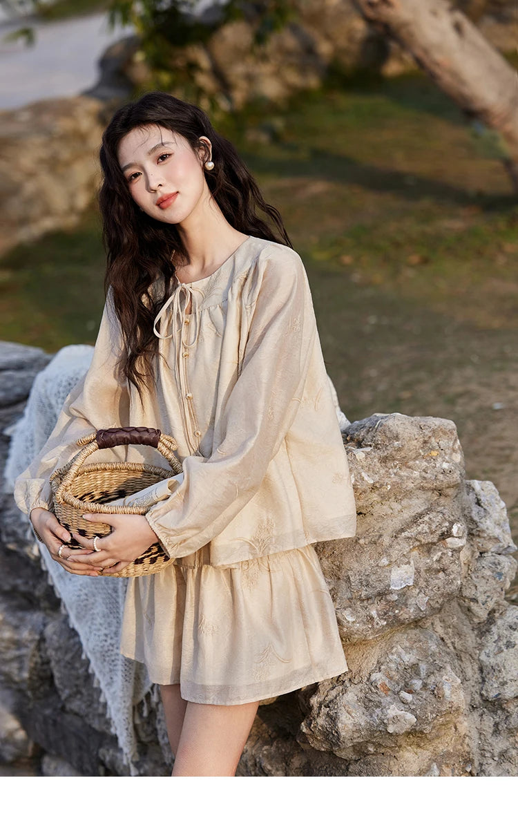 MISHOW Iris Embroidery Blouse Elastic Waist Skirt Set for Women Spring Summer 2025 Jacquard Commuting Slim Two Pieces MXE13T0454