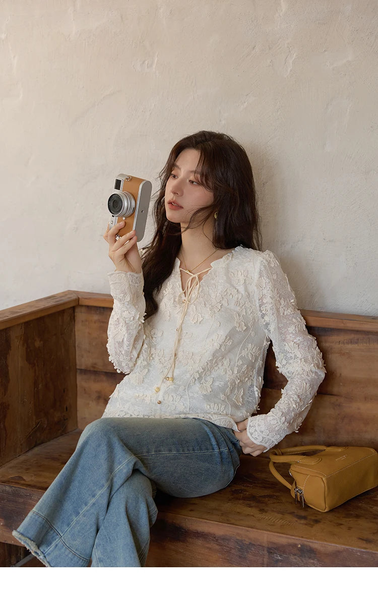 MISHOW Apricot Lace Jacquard Embroidered Shirt 2025 Autumn Black Fungus Edge Lace-up Vintage Commuter Top Office Lady MXE41X1927