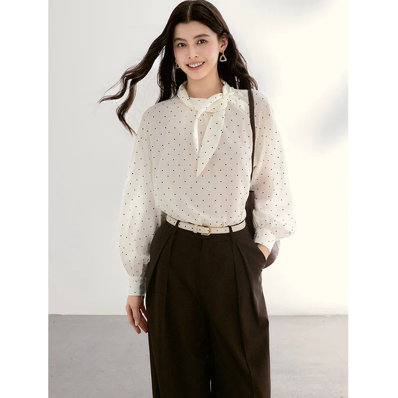 MISHOW Women's White Polka Dot Blouse Spring Bow Tie Neck Sheer Chiffon Blouses Casual Long Sleeve Top Office Lady MXF13X2531