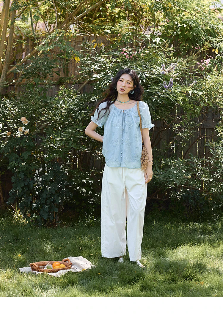 MISHOW Embroidery Flower Shirt for Women 2025 Summer New Fashion Loose Puff Sleeve Round Neck Top Female Clothing MXE39X1922