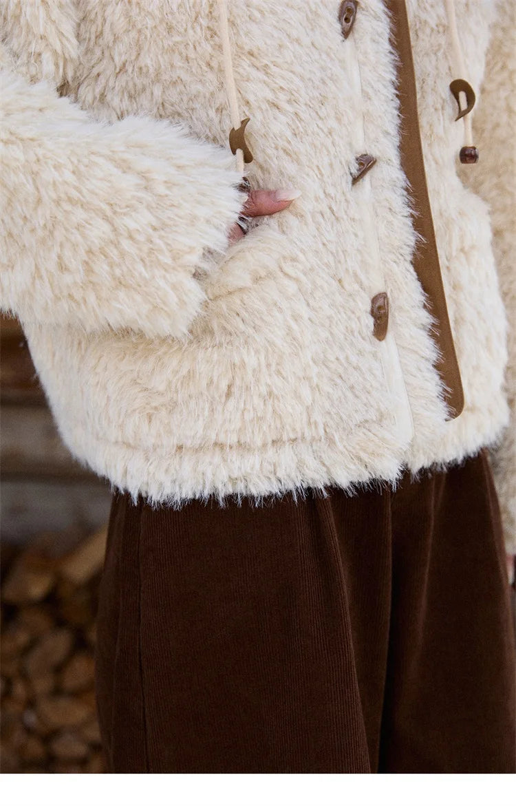 MISHOW Winter Jacket Women 2025 Fashion Beige Knitted Hooded Plush Coat Casual Commute Warm Windproof Short Coat MXE86W0908