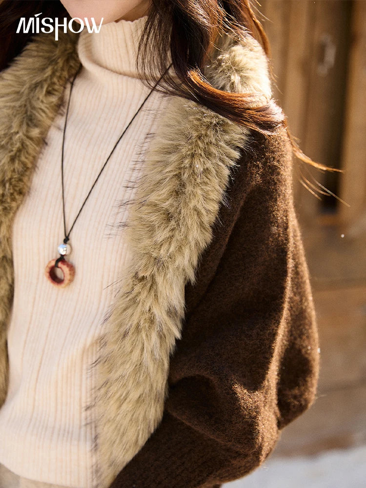 MISHOW Women's Brown Knitted Cardigan 2025 Winter Faux Fur Collar Batwing Sleeve Tops Warm Loose Outerwear Beltless MXE94Z2954