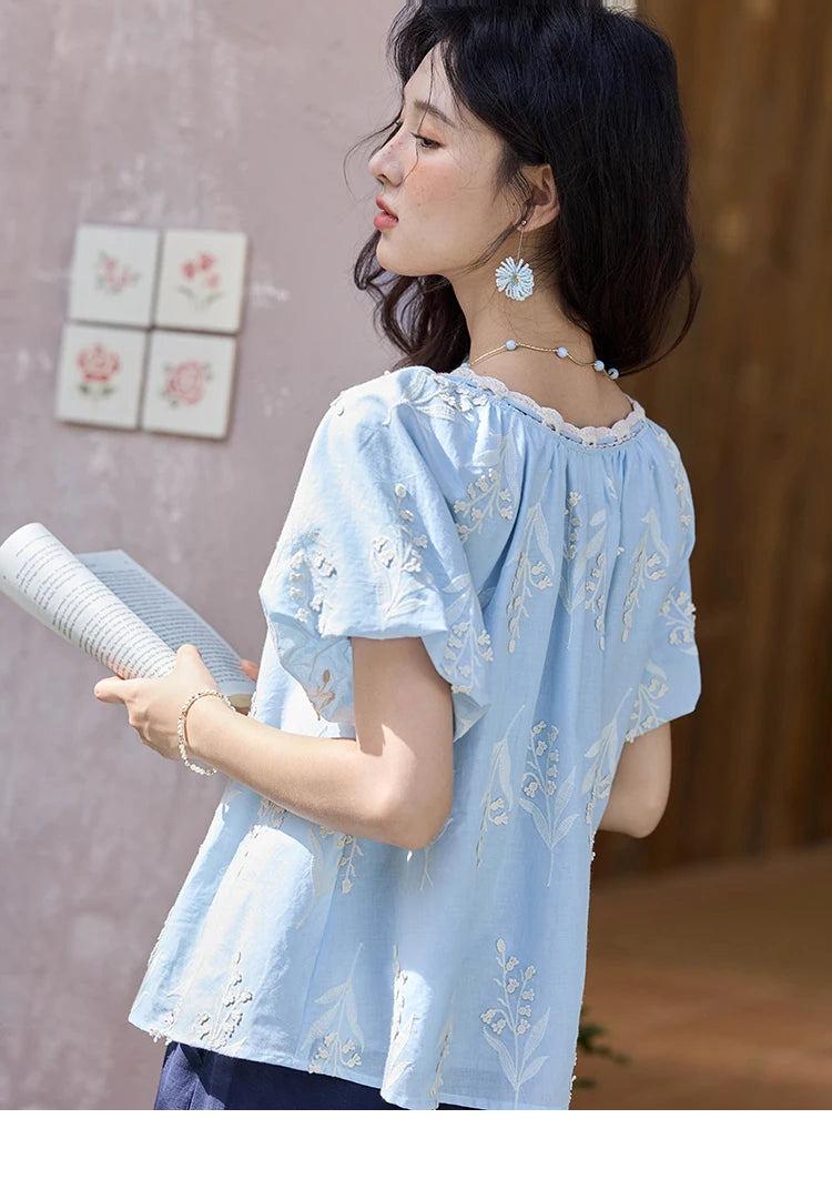 MISHOW Blue Pure Cotton Embroidered Blouses 2025 Summer Wave Edged O-neck Tops Contrasting Lace Up Loose Doll Blouses MXE35X1791