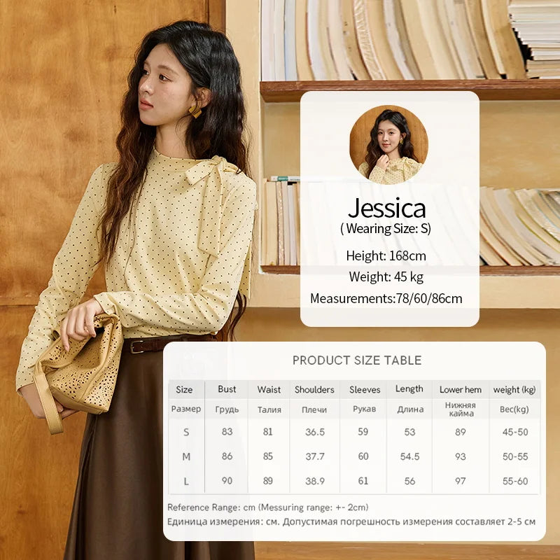 MISHOW Elegant Woman Pullovers 2025 Autumn Sweet Retro Yellow Polka Dot Knitted Top Lace Up Collar Slim Fit Tops MXE45Z1379