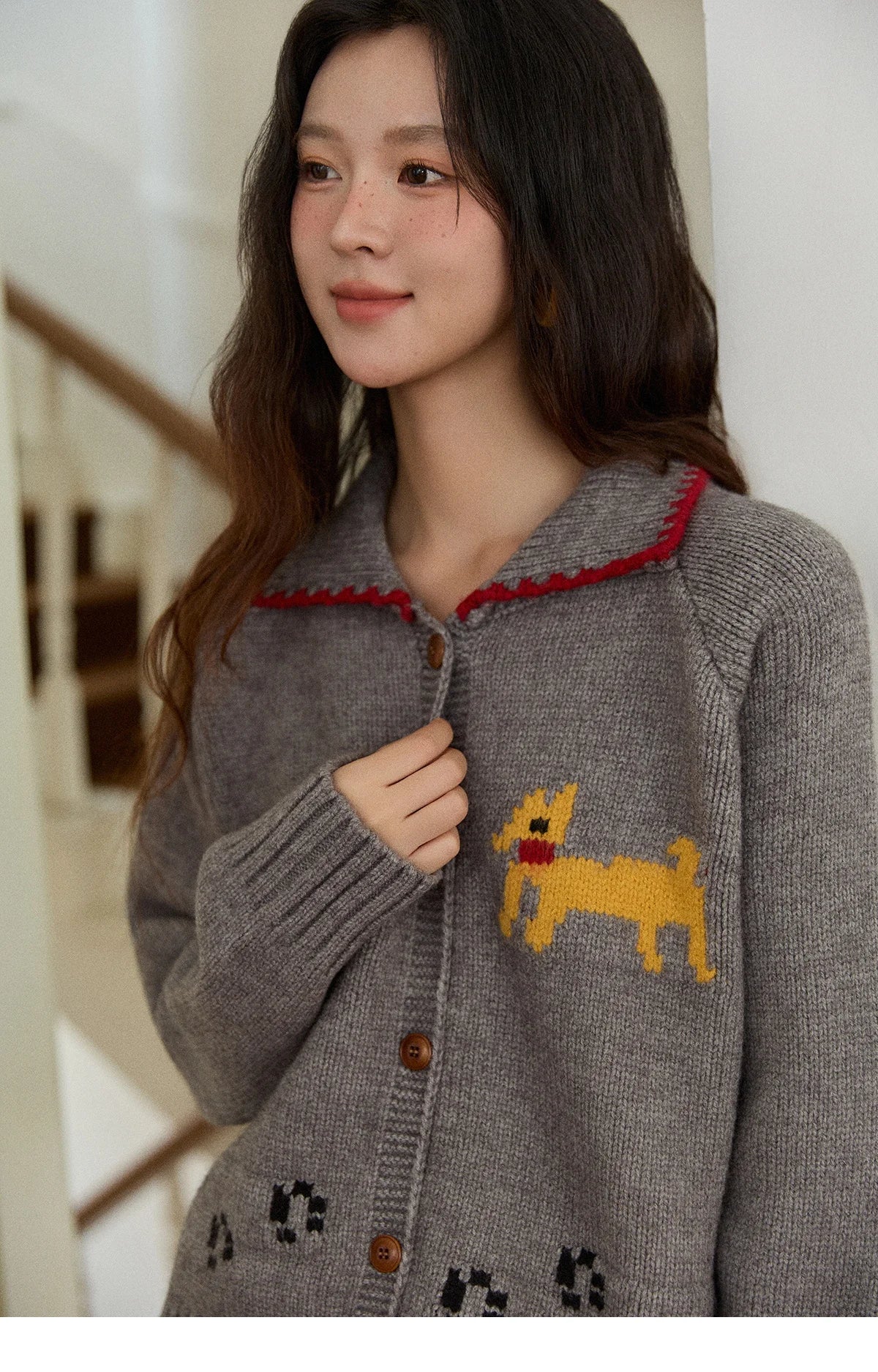 MISHOW Dog Cartoon Jacquard Knitted Cardigan for Women 2025 Loose Retro Turn-down Collar Casual Women's Sweaters MXE86Z2727