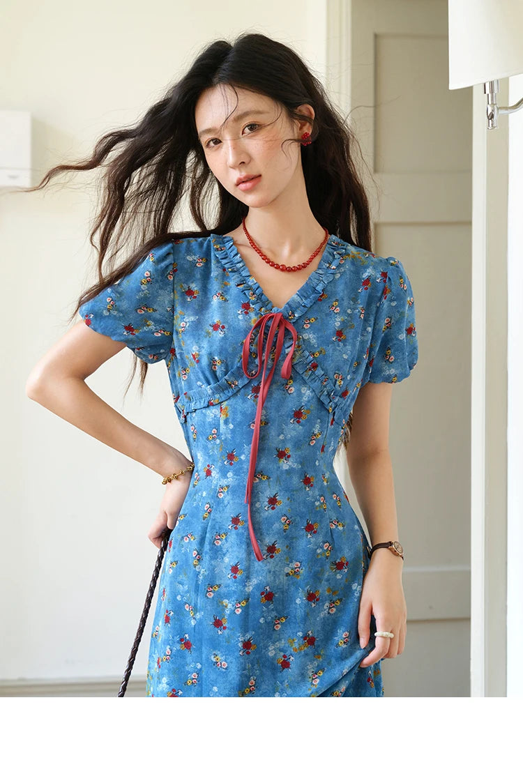 MISHOW Women's V-neck Lace Up Dress 2025 Summer New Female Fashion Puff Sleeve Chiffon Print Dresses Ladies Clothing MXE39L2401