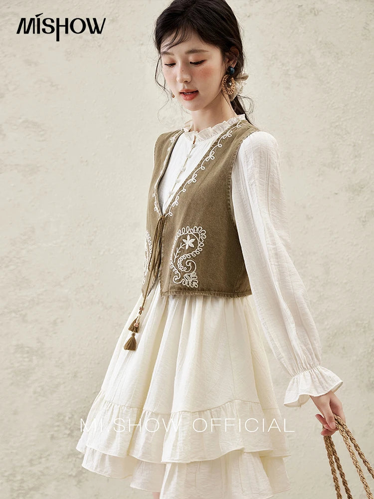 MISHOW Spring Elegant Vests Dress Separately Women 2025 Solid Long Puff Sleeve Midi Dresses Print Denim Vest Fashion MXE16L2197