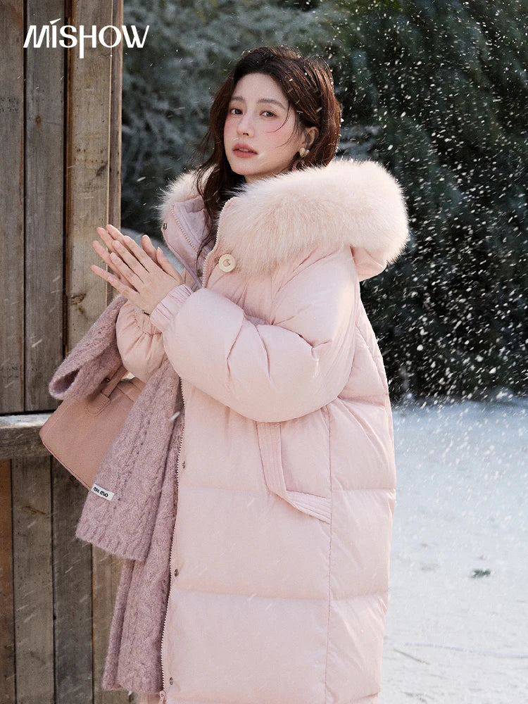 MISHOW Women's Long Down Coats 2025 Winter Fox Fur Collar 90% White Duck Down Down Jacket Warm Coat Large Pockets MXD112Y0070