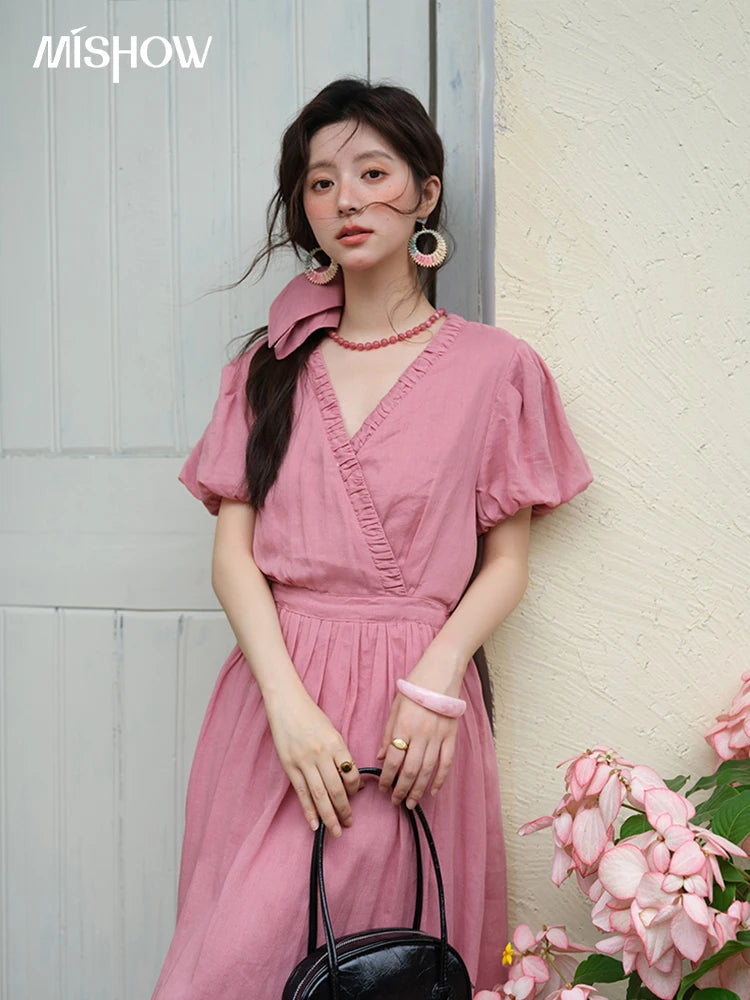 MISHOW Summer Fashion V-neck Dress Woman 2025 New Puff Sleeve Sashes Elegant Pocket Vacation Dresses Ladies Clothing MXE39L2381