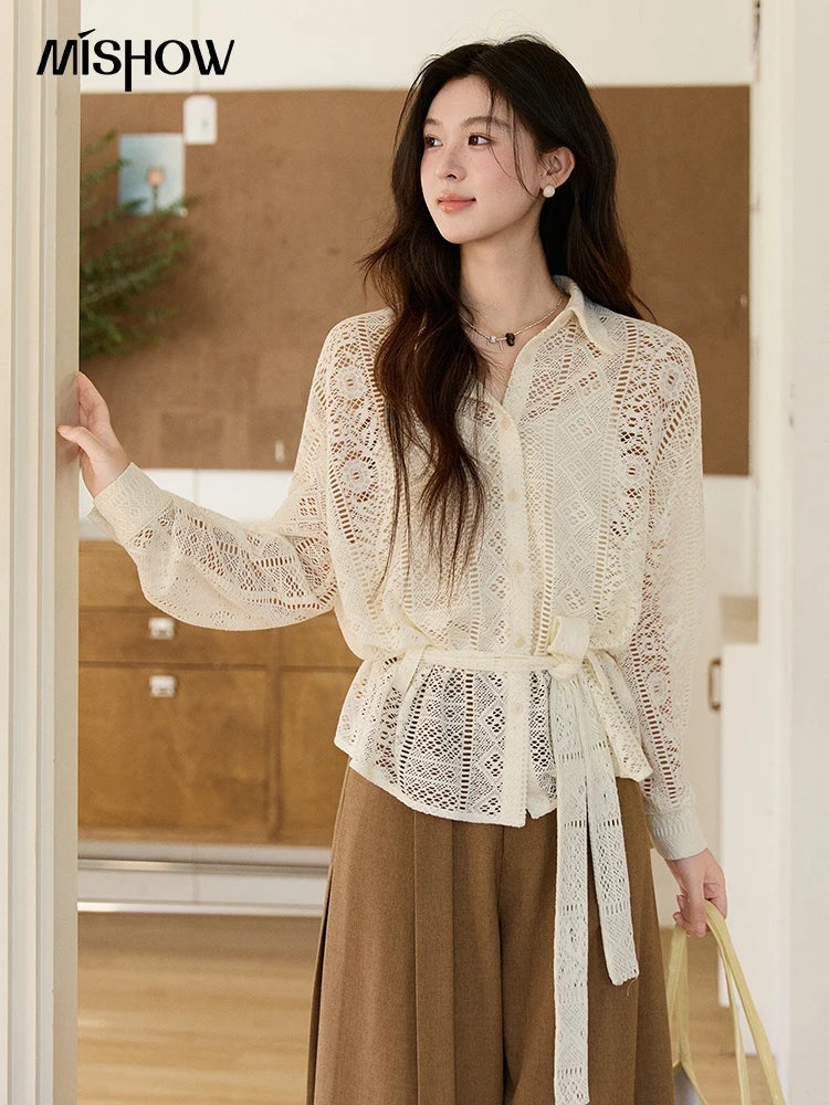 MISHOW Women's Hollow-out Lace Shirt Camisole Set 2026 Spring Lapel Drawstring Waist Sheer Casual Two-Piece Knitwear MXF108C0816