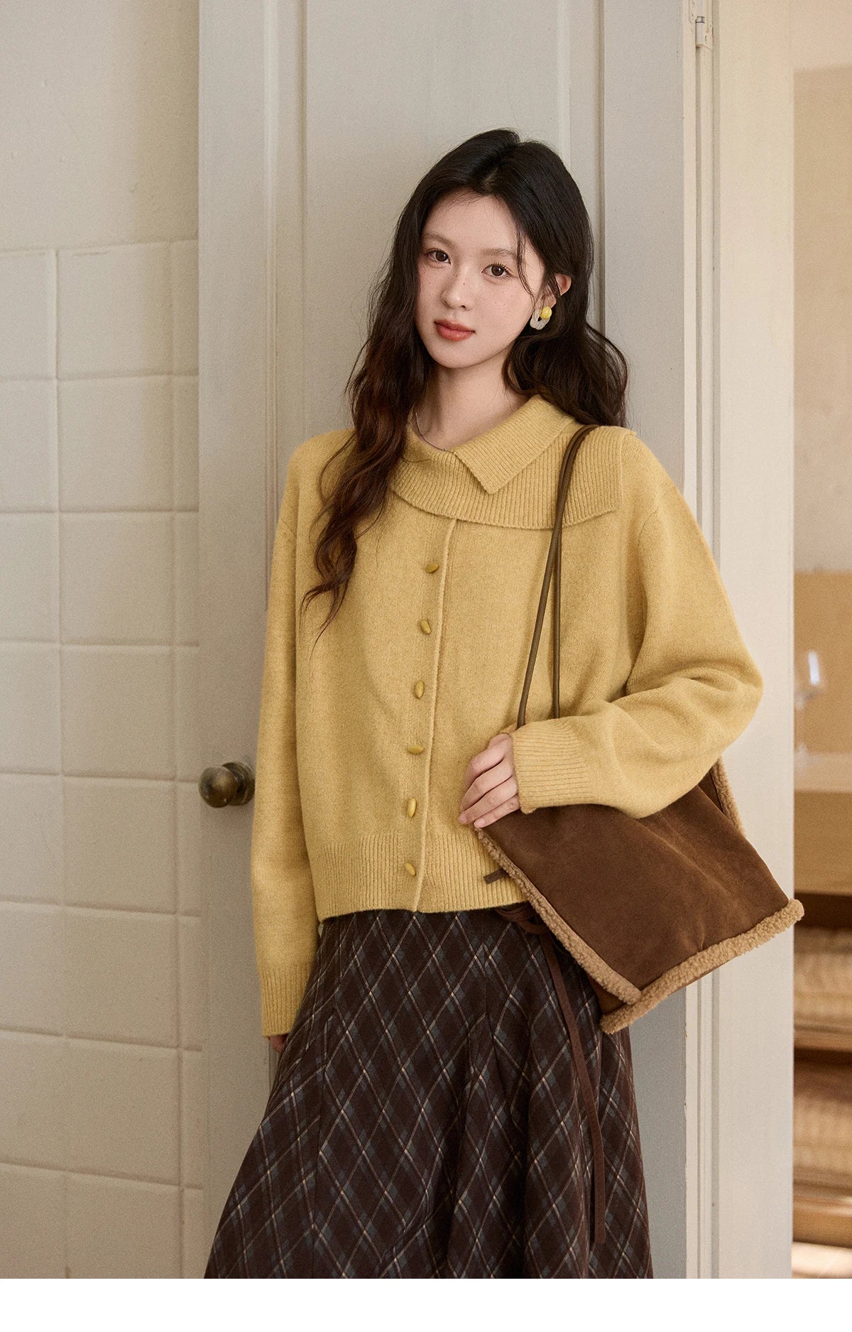 MISHOW Women's Mustard Yellow Knit Cardigan 2026 Spring Asymmetric Collar Dropped Sleeves Tops Casual Loose Sweater MXE93Z2936