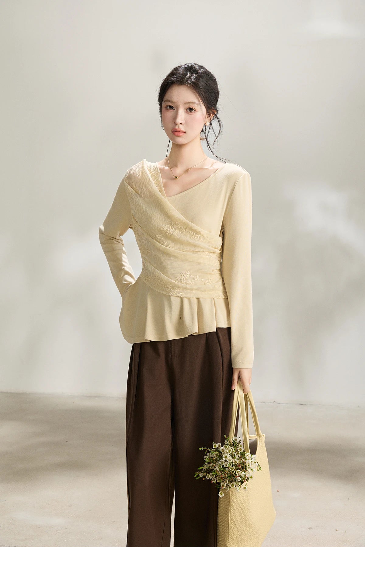 MISHOW Women's Asymmetric Lace Patchwork Tops 2026 Spring V Neck Long Sleeve Top Ruched Waist Ruffled Hem Casual Tees MXF11Z2942