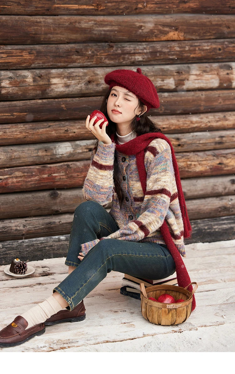 MISHOW Striped Sweaters Short Contrast Color Loose Casual O-Neck Single Breasted Tops Soft Warm Knitted Cardigans MXD59Z1061