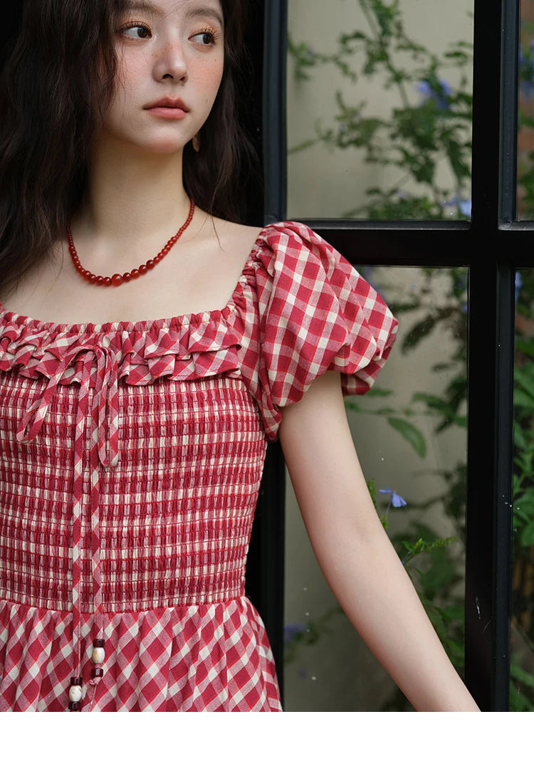 MISHOW Women's Retro Red Plaid Dress 2025 Summer New Square Neck Lace Up Hollow Out Spliced Dresses Women's Clothing MXE39L2324