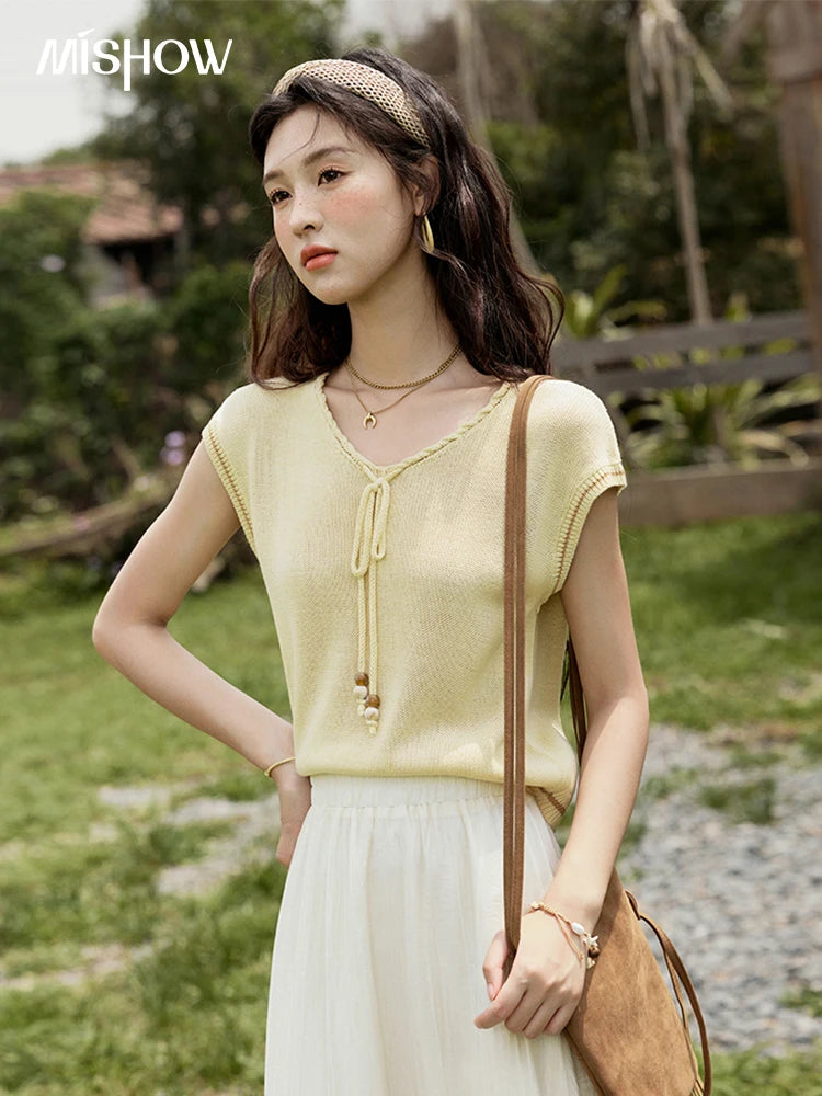 MISHOW Office Lady Summer Knitted Sweater V-neck Short Sleeve Solid Slimming Bead Design Pullover Female Lazy Tops MXE33Z1227