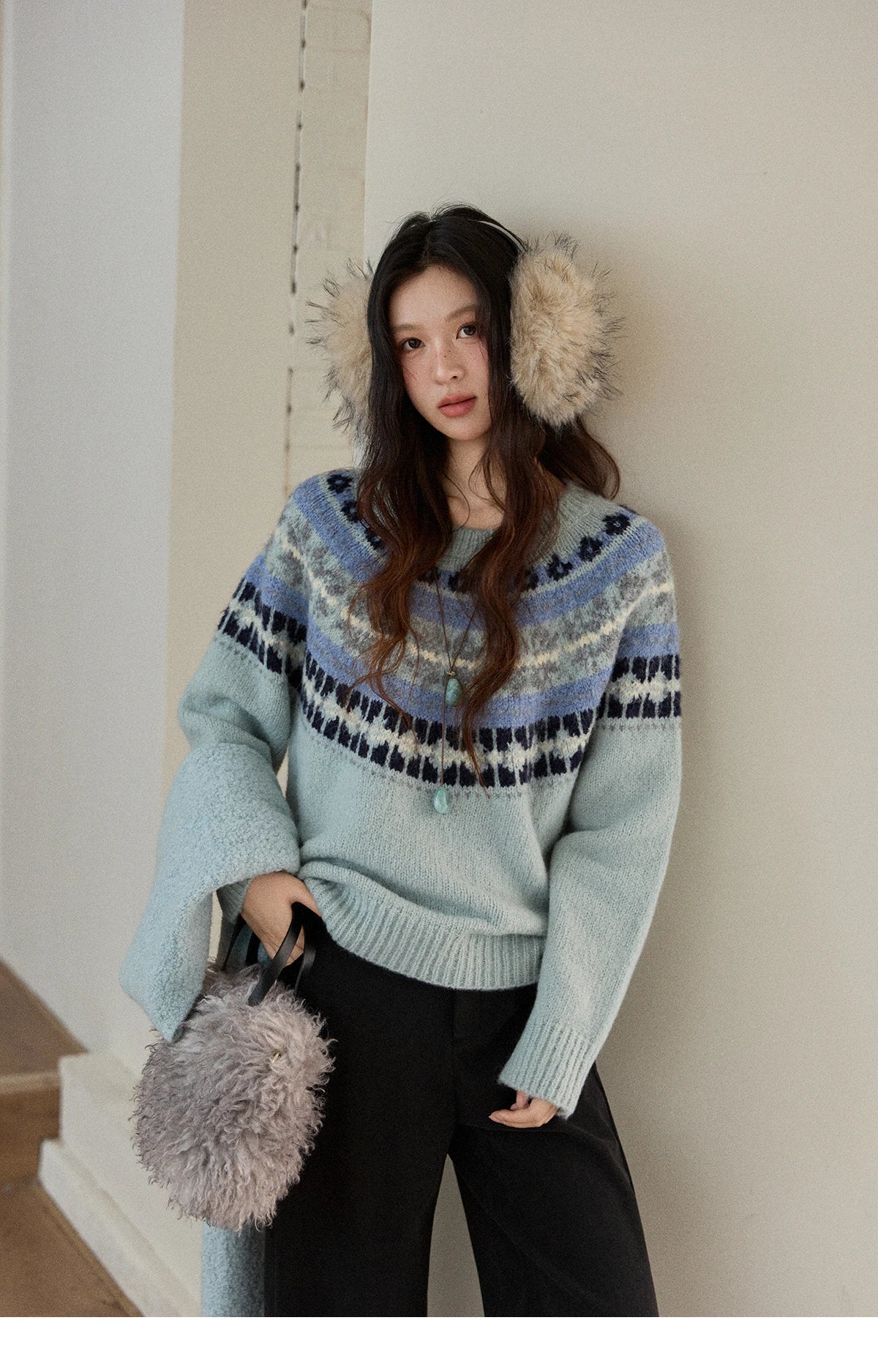 MISHOW Women's Blue Fair Isle Sweater 2025 Winter Geometric Jacquard Loose Retro Wool Blend Knit Pullovers Sweaters MXE87Z2767