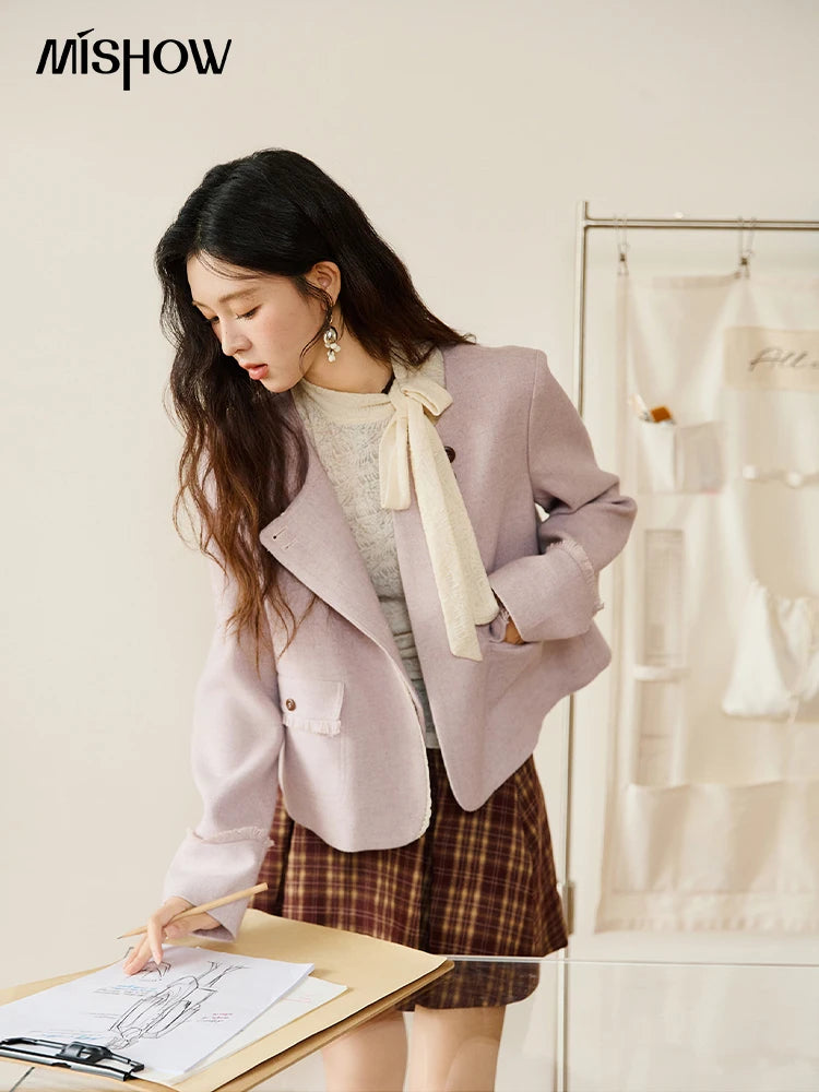 MISHOW Purple Woolen Coat for Women Autumn 2025 Slanted Placket Splicing Lace Coats Shoulder Pads Retro Short Jackets MXE47W0840