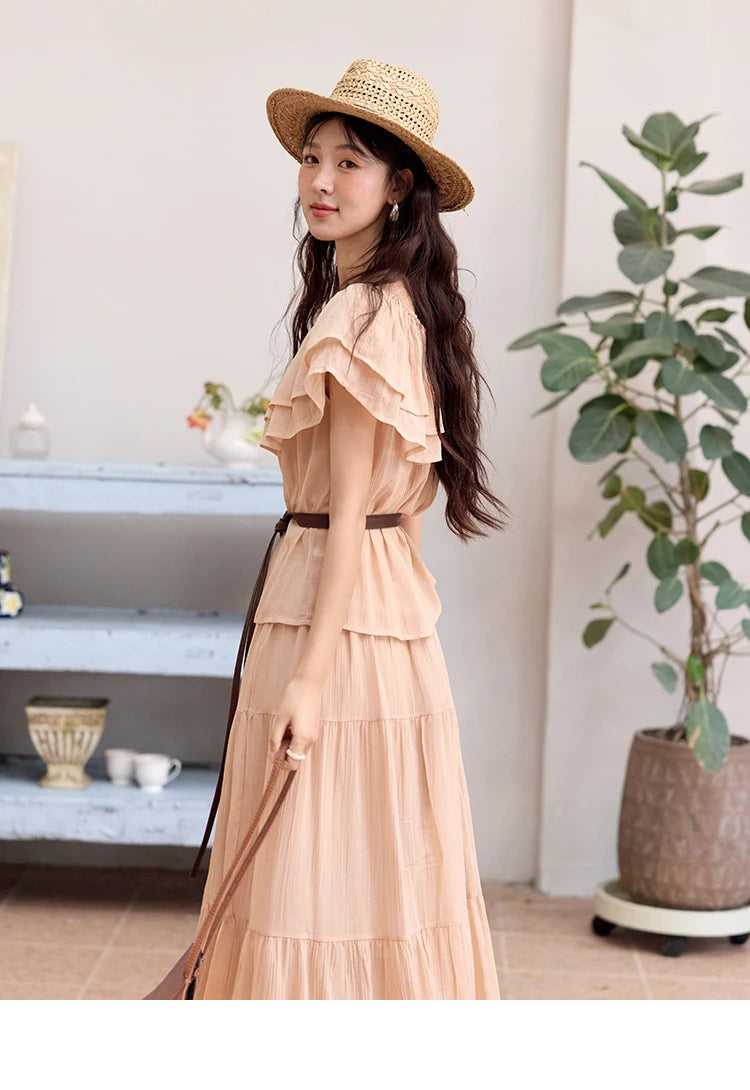 MISHOW Women Fashion Two-Piece Set 2025 Summer Loose Lotus Leaf Edge Off Shoulder Top Elastic Waist Skirt Ladies Set MXE36T0637
