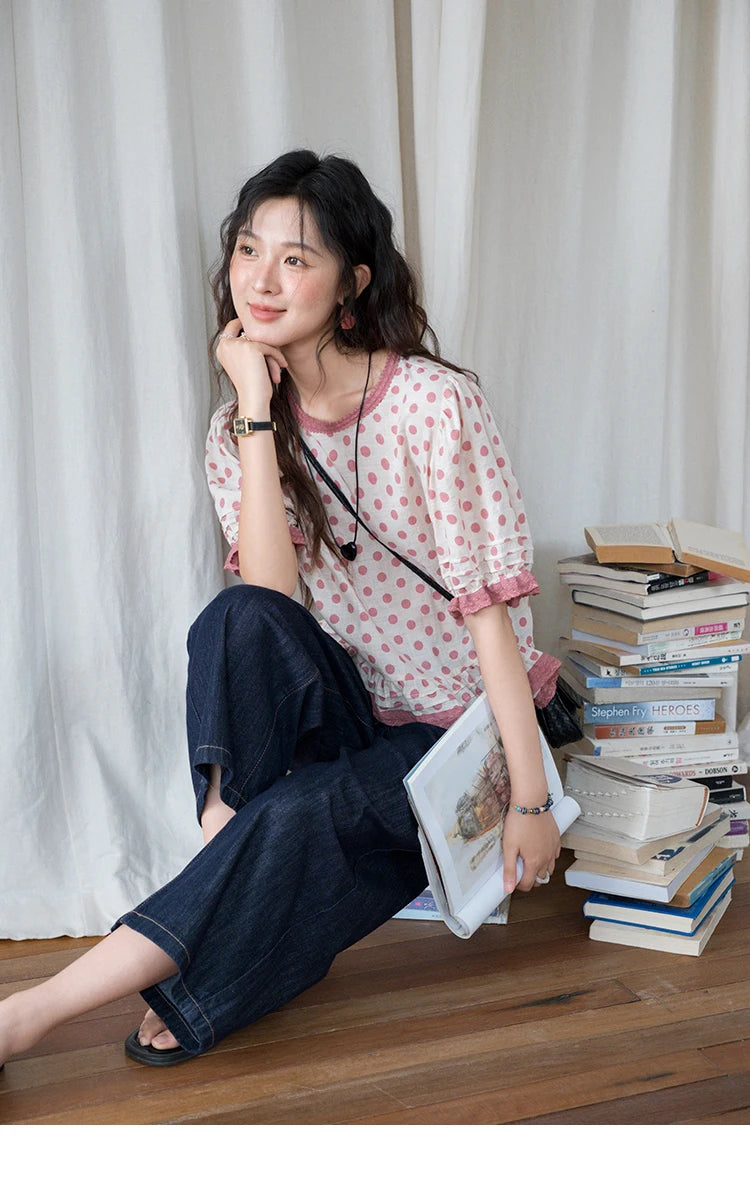 MISHOW Women's Blouse Fashion Pink Polka Dot Short Top 2025 Summer Sweet Puff Sleeve Blouse Casual Female Clothing MXE37X1900